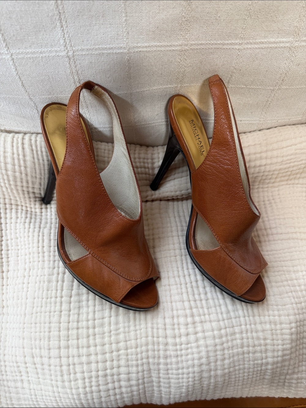 MICHAEL Michael Kors Tan Brown Leather Peep-Toe Slingback Heels - Picture 2 of 5
